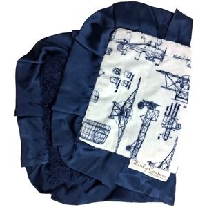Minky Couture Vintage Airplanes Glider Blue Baby Security Blanket Lovey Satin